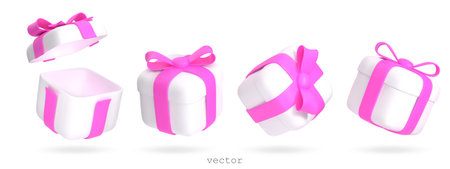 Set of vector 3d gift boxes open and closed with pink ribbon bow. Flying surprise box. Festive gifts. Realistic vector illustration for birthday, valentines day banners. 3d render isolated on whiteのイラスト素材