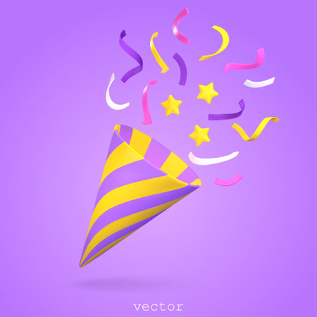 3d party poppers with flying confetti and stars. Firecracker, symbol of surprise. For birthday party, anniversary. Plasticine Cartoon Style. Vector 3D render illustration.のイラスト素材