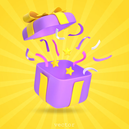 Poster with 3d Gift Box With flying Confetti and Stars. Firecracker, Symbol of Surprise. Present Box For Birthday Party, Anniversary. cartoon style. Vector 3D render illustration on yellow Background.のイラスト素材