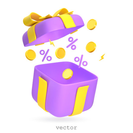 3d Open Gift Box with flying Percent Symbols and Yellow Coins. Symbol of Surprise. Concept of Promotion, Discount, Sale, Gift. Cartoon Style. Vector 3D render illustration On White Backgroundのイラスト素材