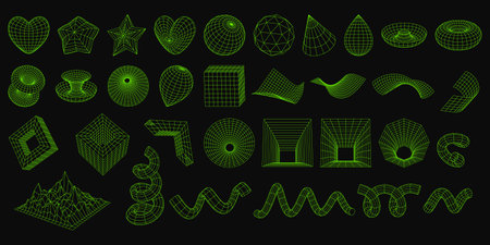 Set of wireframe 3D geometric shapes. Abstract figures, Mesh grids. Cube, drop, spiral, mountain...