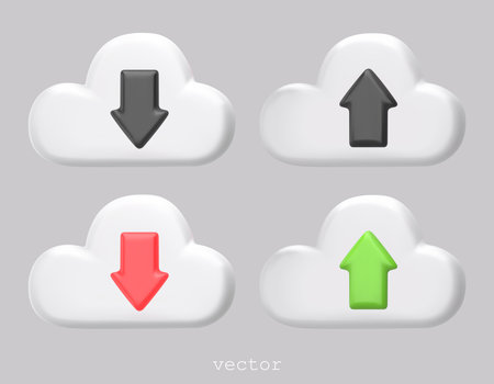 3d render media cloud for management multimedia data. Data transfer 3d icon. Cloud data storage icon. Cloud with arrows. Upload, download symbols. 3D vector illustration.のイラスト素材