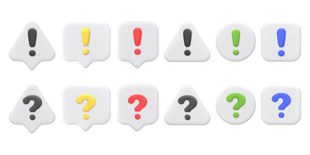 3D vector question and exclamation marks on different shapes and bubbles. FAQ icons in different colors. customer support. Question answer sign. Cartoon 3d concept. vector illustration.のイラスト素材
