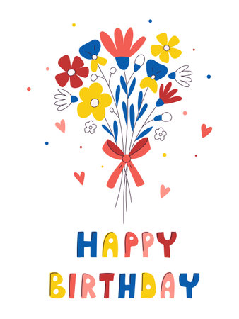 A birthday card with a bouquet, abstract flowers and hand-drawn inscription Happy birthday. Bright greeting card on a white background. Color vector illustration in a trendy flat cartoon style.のイラスト素材