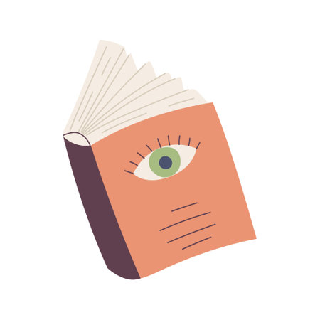 An open hardcover book with eye on cover. A symbol of learning, education. Literature, reading. Color flat cartoon vector illustration isolated on a white backgroundのイラスト素材