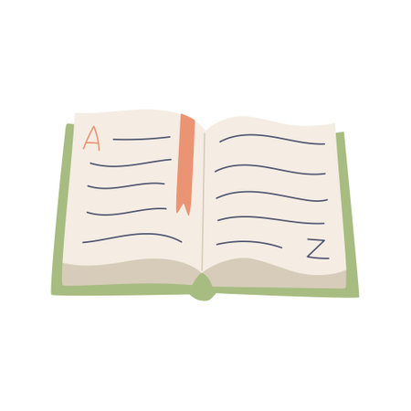 An open book lying on the table, a dictionary, with the letters A and Z. A textbook with a bookmark. Color vector illustration in a flat cartoon style isolated on a white background.のイラスト素材
