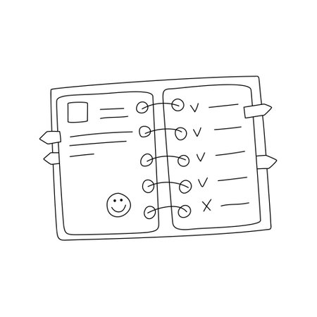 Doodle outline wirebound notebook, diary with notes, stickers and bookmarks. A daily planner for tasks with a to-do list Black and white linear vector illustration isolated on a white background.のイラスト素材