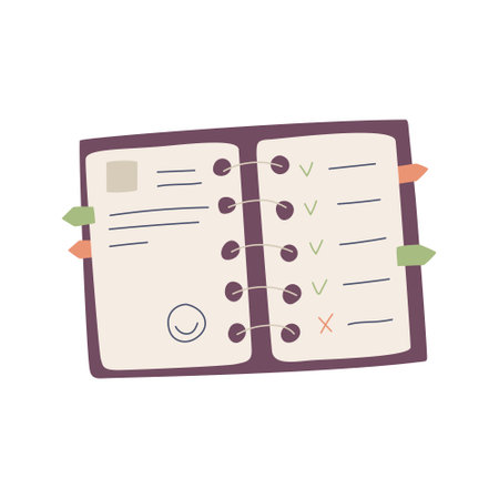 Wirebound notebook, diary with notes, stickers and bookmarks. A daily planner for tasks with a to-do list and a smiling face. Flat cartoon vector illustration isolated on a white background.のイラスト素材