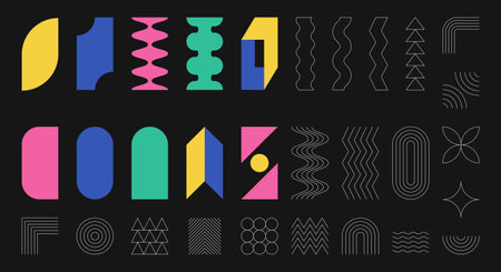 Geometric shapes collection. Brutalism, Swiss minimalism, Bauhaus style. Simple flat and outline design elements. Color Vector illustration isolated on black background, Editable strokes.のイラスト素材