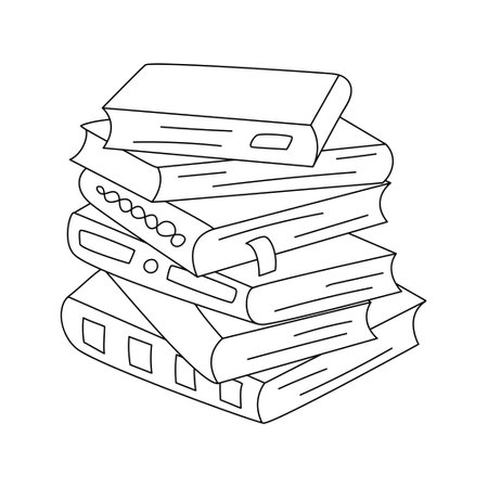 Pile of different books with book marks. Hand drawn doodle stack of books, textbooks. A symbol of reading, learning, education, science. Black and white outline vector illustration isolated on whiteのイラスト素材