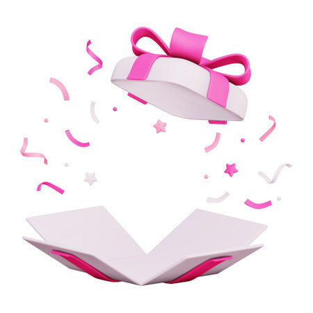 3d Gift Box With Flying Pink Ribbons and Stars. Concept of promotion, discount, sale, gift. Open box...