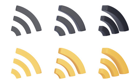3D Wi Fi symbol. Realistic Wireless network, connection sign. Front and rotated view. 3D render,...
