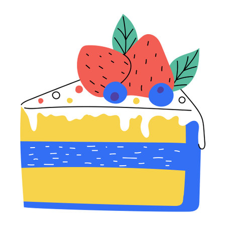 Hand drawn piece of cake with strawberry and blueberry. Sweet food, dessert. Bright decorative element. Color flat vector illustration isolated on a white background.のイラスト素材