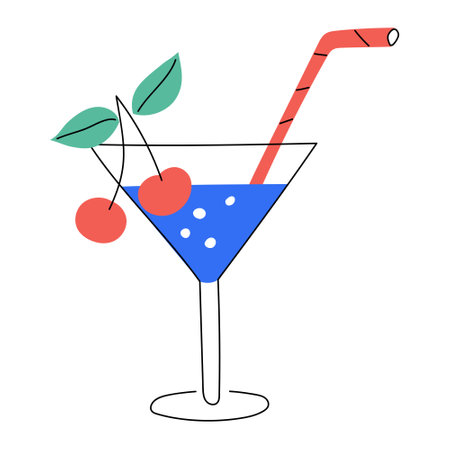 Hand drawn cocktail with cherry and straw. Cold drink, summer beverage. Bright decorative element. Color flat vector illustration isolated on a white background.のイラスト素材