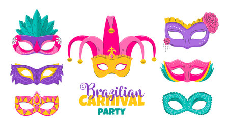 Set of carnival face masks for party decoration or masquerade. Masks with feathers, flower, rhinestones and patterns. Venetian mask. Flat Vector illustration isolated on a white background.のイラスト素材