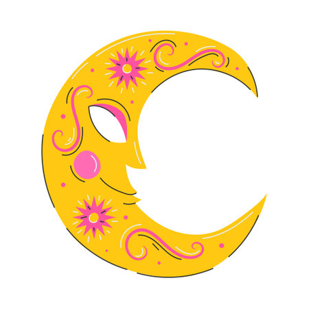 Decorated crescent with a face. Carnival mask with a pattern. The symbol of Mardi Gras, the Brazilian carnival. A decorative element in a flat style. Vector illustration isolated on white background.のイラスト素材