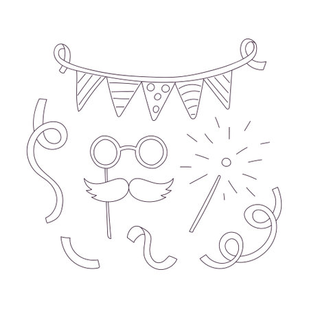 Hand drawn ribbon, masquerade mask, ribbons, festive flags, sparkler. Festive decorative elements. Outline doodle vector black and white illustration isolated on a white background.のイラスト素材