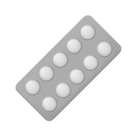 3D vector medical drugs, tabs in package, silver blister pills. Round medicament painkillers, tablets, antibiotics, active additives. Healthcare medicines. Vector illustration isolated on white.のイラスト素材