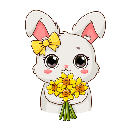 Sticker with cute rabbit holding bouquet of narcissus. Smiling adorable character in cartoon style. Summer, spring flowers. Vector illustration isolated on whiteのイラスト素材