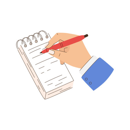 A person is writing on a notepad with a red penのイラスト素材