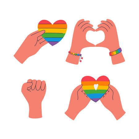 A set of cartoon hands holding rainbow hearts, clenched fist, a gesture depicting a heart. Pride month. Vector illustration isolated on white background.のイラスト素材