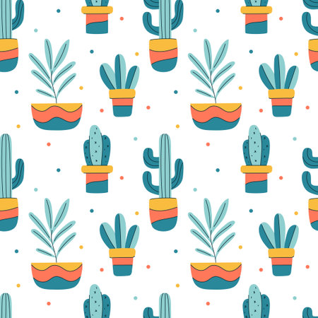 A colorful pattern of cacti and potted plantsのイラスト素材