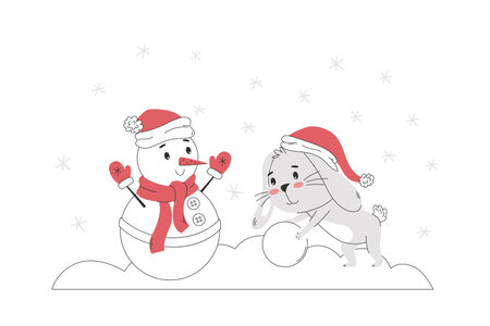 Rabbit rolls a snowball, makes a snowman.のイラスト素材