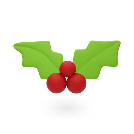 Vector 3D Christmas plant, holly leaves. 3D plastic mistletoe leaf and berry. New year decorative element isolated on white background. Vector illustrationのイラスト素材