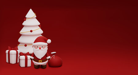 Christmas banner with a cute Santa Claus and red gift bagのイラスト素材