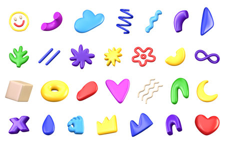 3D vector set of different abstract bright doodle shapes isolated on a white background. Variety of decorative multicolored bright design elements. Set in 3d plastic cartoon styleのイラスト素材
