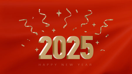 Happy new year 2025. 3D vector Festive design with golden number on a background of red fabric. Luxury design for Christmas and New Year banners, flyers.のイラスト素材