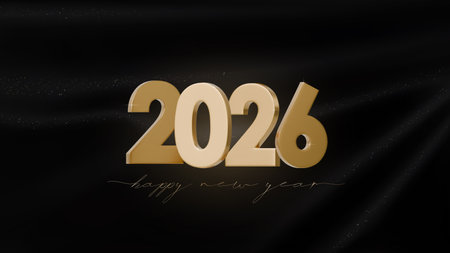 Happy new year 2026. 3D vector Festive design with golden number on a background of black fabric. Luxury design for Christmas and New Year. Holiday celebration bannerのイラスト素材