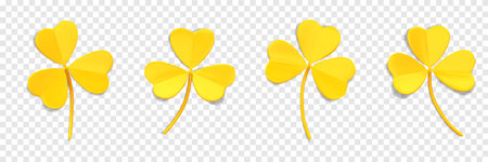 3D yellow clover leaves. Shamrock symbol of lucky. Decorative element for Irish holiday St. Patrick Day. 3D icons with trefoil leaves isolated on a transparent backgroundのイラスト素材
