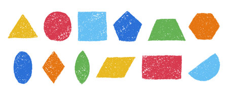 Set of colorful geometric figures in hand drawn childish style. Charcoal or crayon textured shapes. Vector illustration isolated on a white background.のイラスト素材