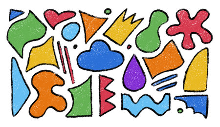 Set of abstract organic shapes and forms hand drawn with crayon. Wax pencils doodle set. Figures, crown, cloud, blobs in sketch style. Kids design elements. Vector illustration isolated on white.のイラスト素材