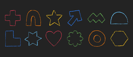 Set of outline crayon geometric figures in hand drawn sketch style. Silhouettes of chalk pencil or pastel textured shapes. Vector graphic elements isolated on a black background.のイラスト素材
