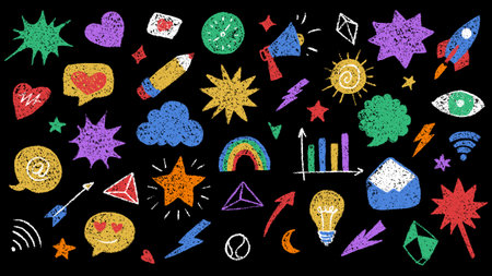 Bright Crayon Doodle Artistic Vector with Various Creative and Fun Elementsのイラスト素材
