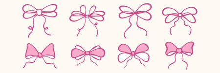 Set of pink stickers with hand drawn doodle bows. Various bowties for gift tags, greeting cards, scrapbooking, design elements, patterns. Color vector illustrations isolated on a white background.のイラスト素材