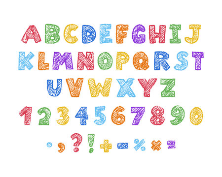 Crayon font set with hand-drawn alphabet, numbers, and symbols. Colorful pencil texture letters for children projects, education, and creative design. Vector illustration isolated on whiteのイラスト素材