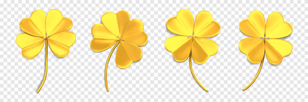 Gold clover icons with four leaves. 3D quatrefoil leaves. Shamrock symbol of lucky and Irish holiday St. Patrick Day. Design elements isolated on a transparent background.のイラスト素材