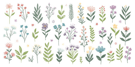 Spring crayon botanical illustration with hand drawn wildflowers and leaves in pastel shades. Whimsical doodle-style floral set with textured brush strokes. Isolated on a white backgroundのイラスト素材