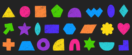 Color pencil texture figure collection. Geometric shapes hand drawn with crayon. Colored pencil or charcoal textured figures. Vector illustrations isolated on a black background.のイラスト素材