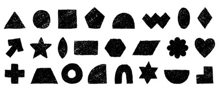 Charcoal texture figure set. Geometric shapes hand drawn with crayon. Silhouettes of black pencil textured primitive elements. Vector illustration isolated on a white backgroundのイラスト素材