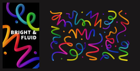3D abstract colorful and dynamic fluid splines and shapes. Vector colorful rainbow gradient curves with smooth flowing shapes in cold vivid hues. 3D vector graphic objects on blackのイラスト素材