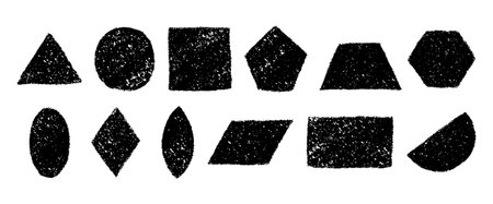 Set of black and white silhouette of geometric figures with crayon or charcoal texture. Hand drawn pencil textured shapes. Vector graphic elements isolated on a white backgroundのイラスト素材