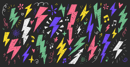 Crayon-drawn lightning bolts in vibrant colors create an energetic design. Features stars and notes, ideal for creative arts and crafts. Hand drawn vector illustration isolated on a black background.のイラスト素材