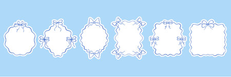 Vintage frames with blue whimsical hand drawn bows, ribbons in coquette doodle style. Vector elegant line art minimalist borders for invitation, greeting cards. Vector illustration on blueのイラスト素材
