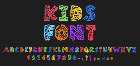Colorful crayon kids font. Doodle alphabet, numbers, signs in a hand-drawn style. Great for childrens design, education, posters, and creative illustrations. Vector illustration isolated on blackのイラスト素材