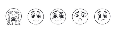 Hand-drawn sad emoji faces with crayon and pastel texture. Emoticons showing various unhappy moods, sadness, tears, crying, frustration, resentment expressions. Vector characters with scribble strokesのイラスト素材