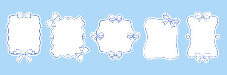 Vintage frames with blue whimsical hand drawn bows, ribbons in coquette doodle style. Vector elegant line art minimalist borders for invitation, greeting cards. Vector illustration on blue.のイラスト素材